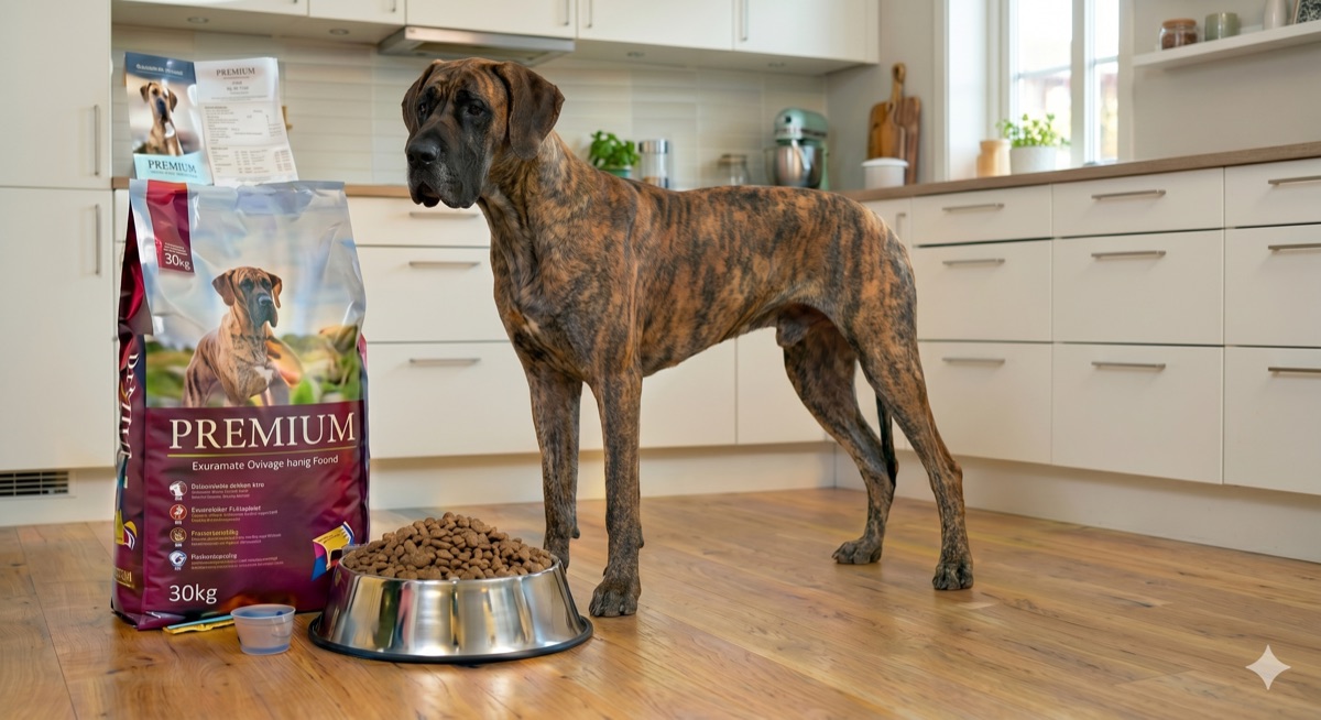 A brindle Great Dane standing beside a large bag of dog food in a kitchen