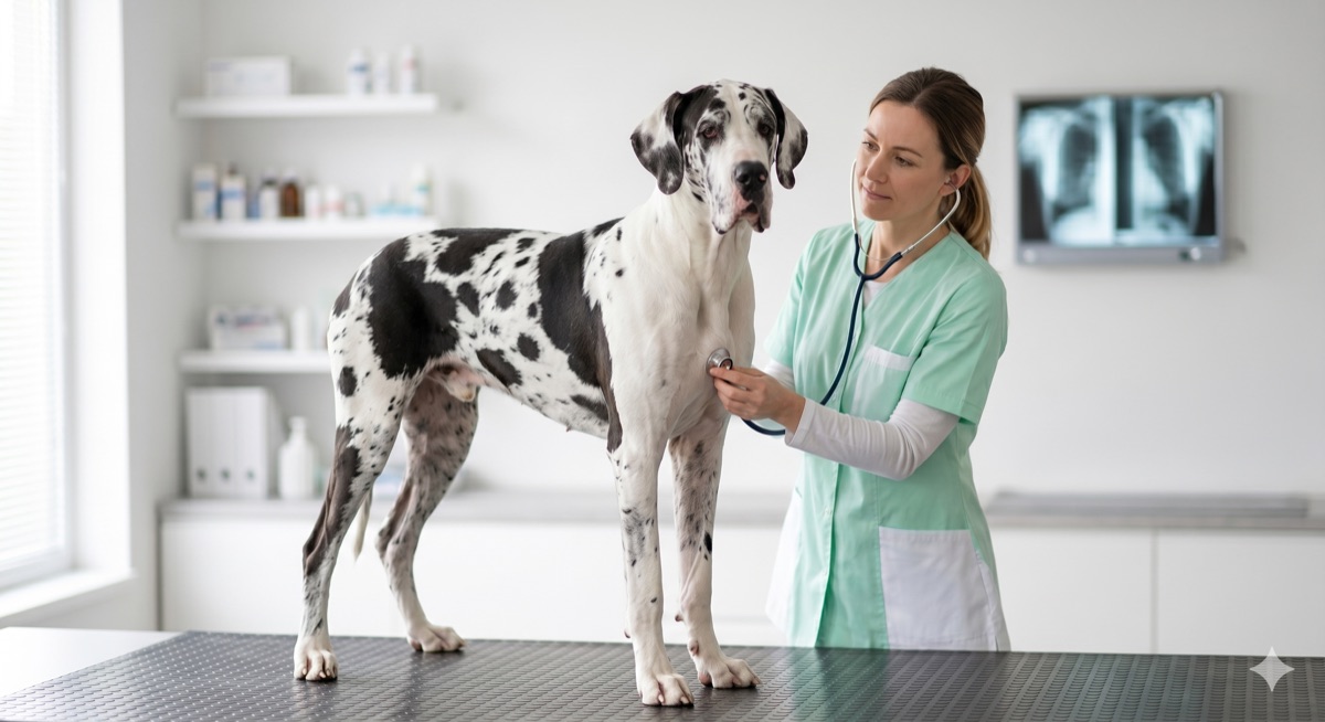 A veterinarian listening to a harlequin Great Dane's heart with a stethoscope at the clinic
