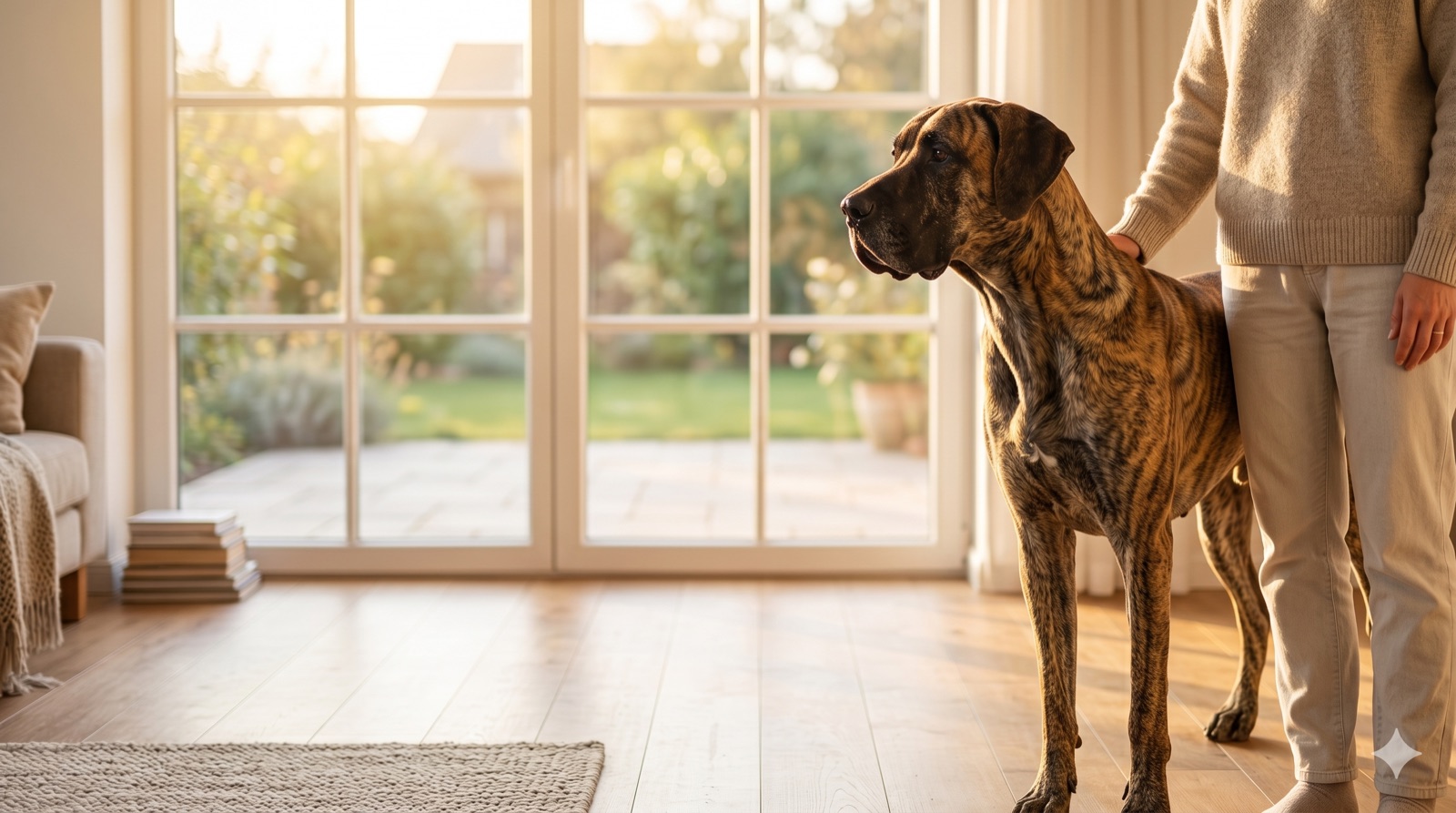 A Great Dane standing calmly in a bright, sunlit living room