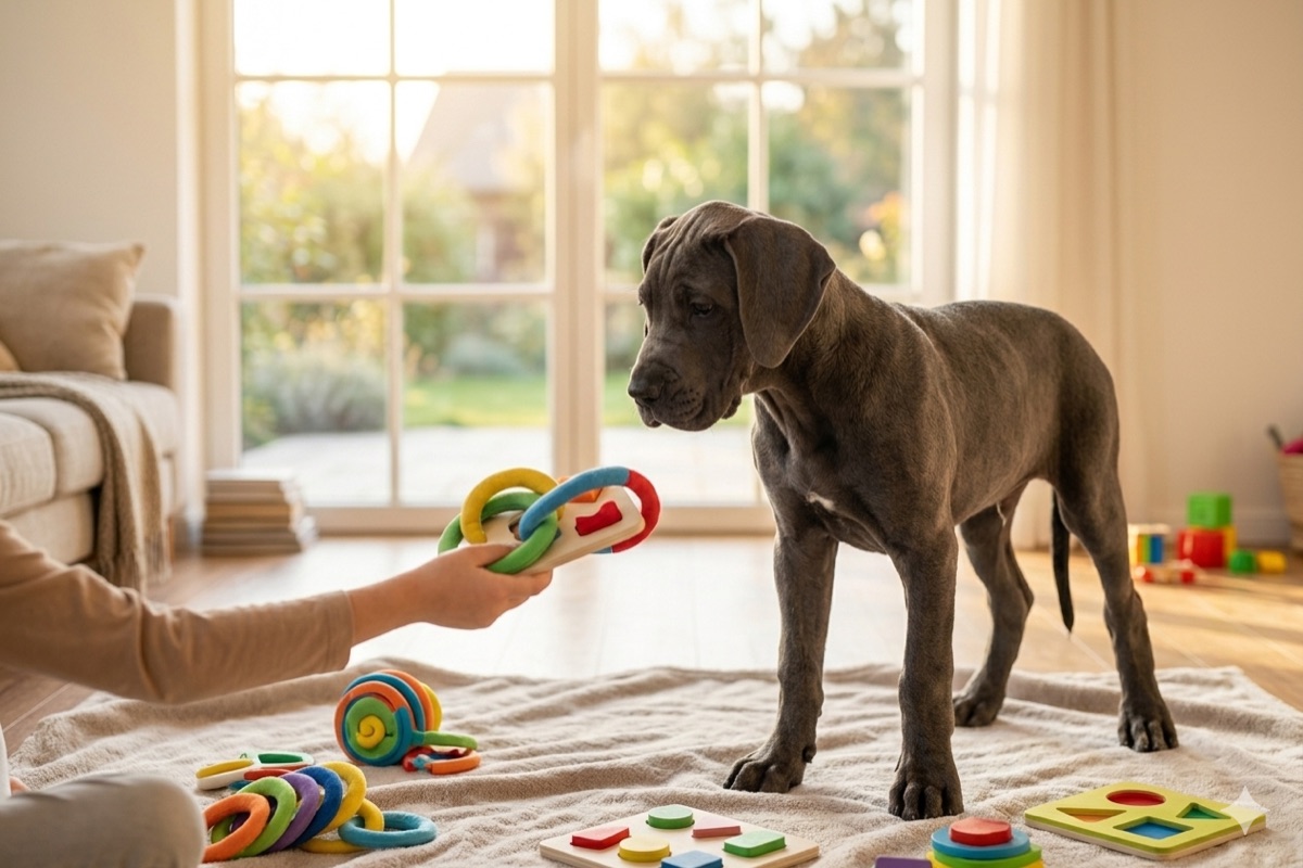A blue Great Dane puppy playing with toys in a bright living room
